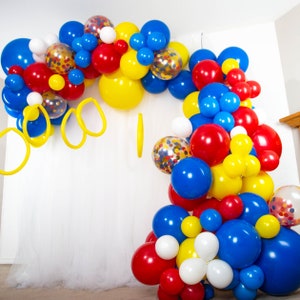 Primary Color Rainbow Balloon Arch and Garland Kit, Hedgehog Superhero Decorations, Circus Carnival Birthday Party Supplies, Red Yellow Blue
