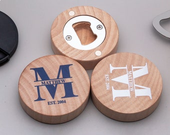 Custom Wooden Round Bottle Opener Fridge Magnets. Magnetic Personalized Beer Opener Wedding Favors, Birthday Favors, Party Favor Gift Ideas