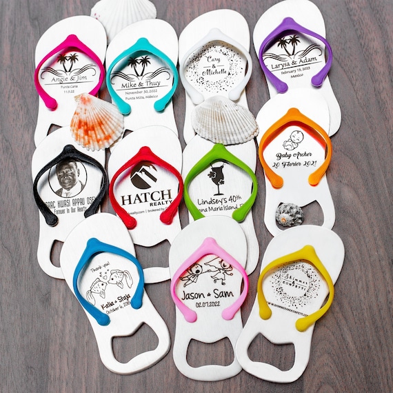 Engraved Custom Flip Flop Bottle Openers | Personalized Wedding Favors | Bottle Opener Favors | Beach Wedding Favors, Tropical Destination Il_570xn