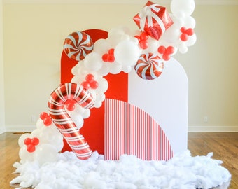 16ft Red and White Valentines Day, Christmas Balloon Arch and Garland Kit with Candy, Candy Cane and 4D Gift Balloons, Graduation