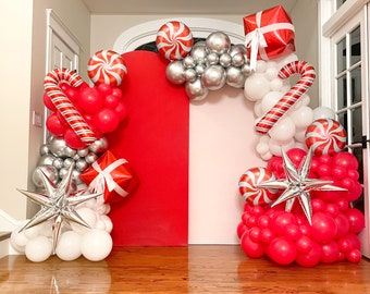 16ft Red, White, Silver Christmas Balloons Arch Garland Kit with Candy Cane, Pinwheel Candy Balloons, Stars for Christmas Party Decorations