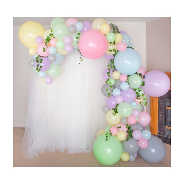 16ft Pastel Macaroon Balloon Arch Kit. Ivy Leaves, Macaron Pink, Purple, Yellow, Blue, Green, Gray. Donut Ice Cream Elephant Birthday Decor