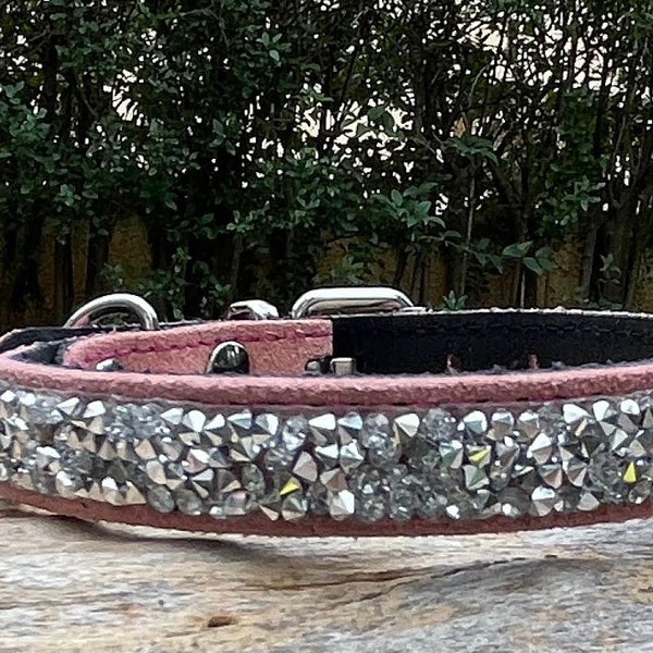 Elegant Crystal Strass Pink Suede Leather Dog Collar Handmade, Luxurious Formal Style !!