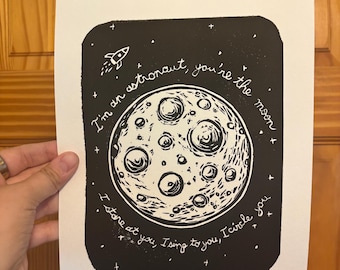 Paroles de chanson Orbiter de Noah Kahan Linogravure Block Print | Art inspiré de The Great Divide | 8 x 10 pouces