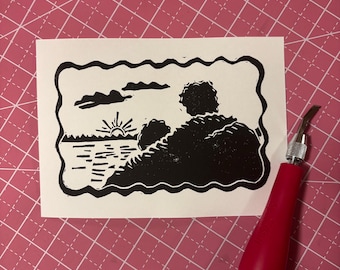 Sunrise at the Cottage Linocut Print | Heated Rivalry Inspired Art | Shane Hollander Ilya Rozanov | Hockey Romance | 5 x 7 inch