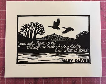 Wild Geese Inspired Linocut Print | Handmade Literary Wall Art | Nature Poetry Print | 8x10 Art Block Print
