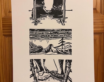 Heated Toe Tap Trio Linocut Block Print Art Poster | Ilya Rozanov Shane Hollander | Hockey Rivalry Romance Book Fanart | 11 x 14 inch