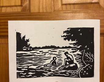 Lake Gimme Kiss Linocut Print | Heated Rivalry Inspired Art | Shane Hollander Ilya Rozanov | Hockey Romance | 5 x 7 inch