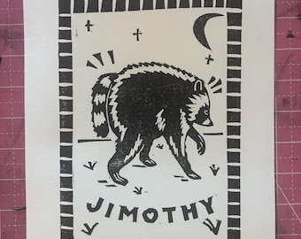 Jimothy the Raccoon Linocut Print | Seattle Raccoon Wall Art | Handmade Animal Art Print | 8 x 10 inches
