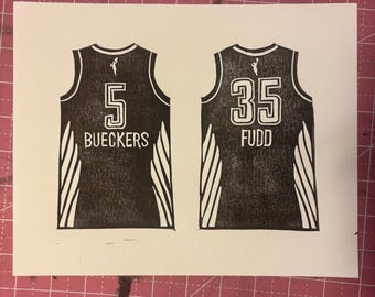 Paige Bueckers Azzi Fudd Print | Dallas Wings Jersey Art | WNBA Basketball Linocut | Women’s Basketball Wall Art | 8x10 Block Print