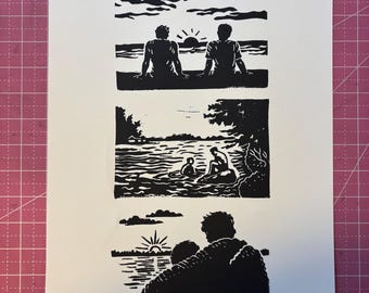 Heated Rivalry Water Trio Linocut Block Print Art Poster | Ilya Rozanov Shane Hollander | Hockey Rivalry Romance Book Fanart | 11 x 14 inch