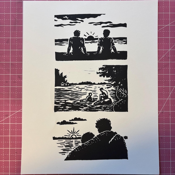 Trio d'eau chauffée rivalité linogravure affiche d'art | Ilya Rozanov Shane Hollander | Hockey Rivalité Romance livre Fanart | 11 x 14 pouces