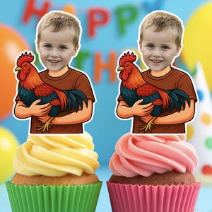boy holding/with rooster chicken birthday customized face cupcake topper