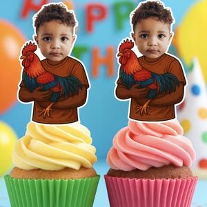 diverse boy holding/with rooster chicken birthday customized face cupcake topper