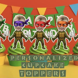 Ninja Birthday Party Decorations Kawaii Turtles Face Customized Cupcake Toppers 12PCS all colors included