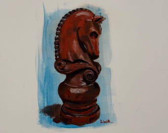 Pieza de ajedrez de caballo: pintura al óleo sobre papel de arte