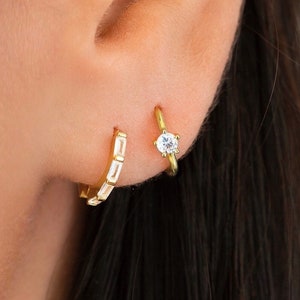 Cz baguette hoop earrings - Dainty huggie hoops - Sterling silver hoops - Small hoop earrings - Minimal earrings - Gold huggie earrings