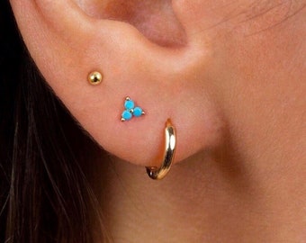 Dainty turquoise flower studs - Three stone stud earrings - Tiny gold studs - Sterling silver studs - Turquoise earrings - Dainty gold studs