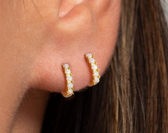 Dainty Opal Huggie Earrings - Tiny Opal Hoop Earrings - Gold Opal Earrings - Sterling Silver Opal Hoops - Gold Hoop Earrings - Opal Hoops