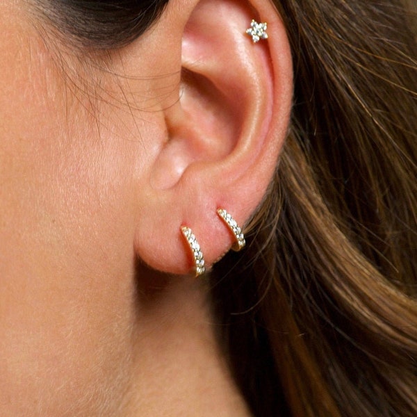 Cz huggie hoop earrings - Cz tiny gold hoops - Sterling silver hoops - Dainty hoop earrings - Diamond huggie earrings - Ear hugger earrings