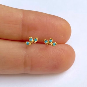 Tiny three cz turquoise stud earrings - Dainty sterling silver stud earrings - Tiny studs - Tiny earrings - Gold studs - Dainty earrings