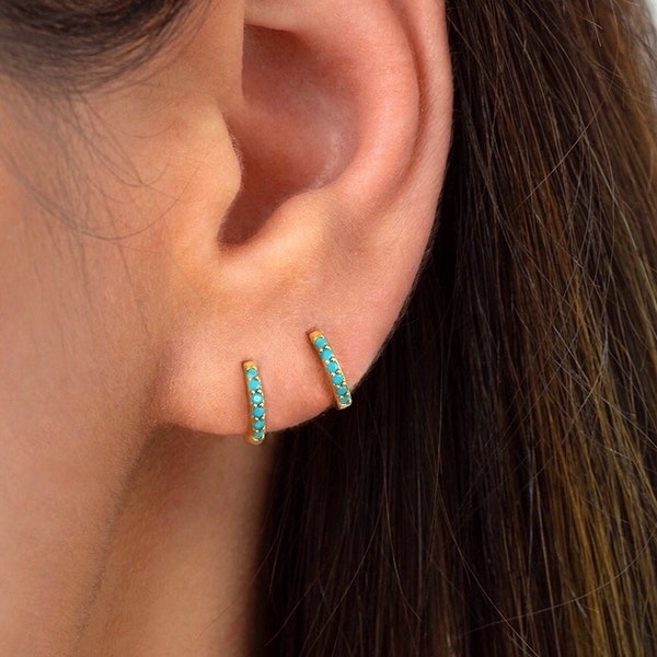 Tiny turquoise hoops - Turquoise stone huggie earrings - Huggie hoops - Turquoise huggie hoop earrings - Tragus - Gold cartilage hoops