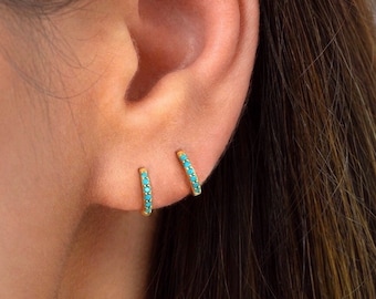 Tiny turquoise hoops - Turquoise stone huggie earrings - Huggie hoops - Turquoise huggie hoop earrings - Tragus - Gold cartilage hoops