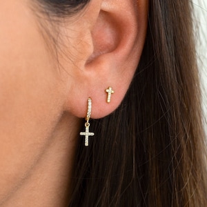 Tiny cross hoops in sterling silver - Gold cross huggie hoop earrings - CZ tiny hoop earrings - Small hoop earrings - Dainty huggie hoops