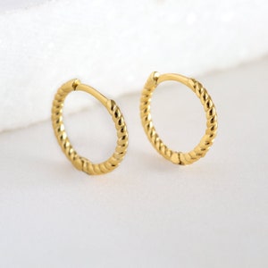 May include: A pair of gold-toned hoop earrings with a twisted rope design.
