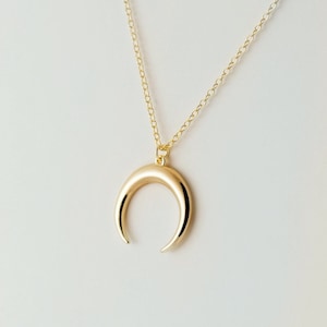Puede incluir: Un collar de oro con un colgante de media luna y una cadena delicada.