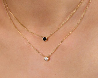 Collar delicado de circonitas cúbicas - Collar de piedra negra - Collar de diamantes pequeños - Collar de cadena fina de oro - Collar de oro delicado - Collar solitario