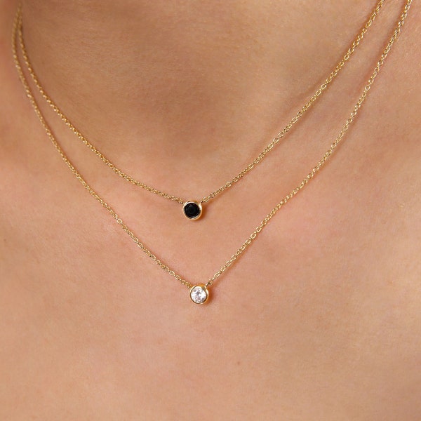 Delicate cz necklace - Black stone necklace - Tiny diamond necklace - Thin gold chain necklace - Dainty gold necklace - Solitaire Necklace