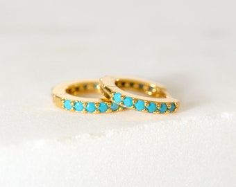 Turquoise Huggie Hoop Earrings - Turquoise Huggies - Turquoise earrings - Gold huggie earrings - Turquoise ear huggies - Gold cartilage hoop
