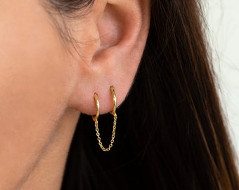 Double hoop earring with chain - Gold chain hoops -  Chain hoop earrings - Huggie earrings - Double piercing earring - 925 Sterling Silver