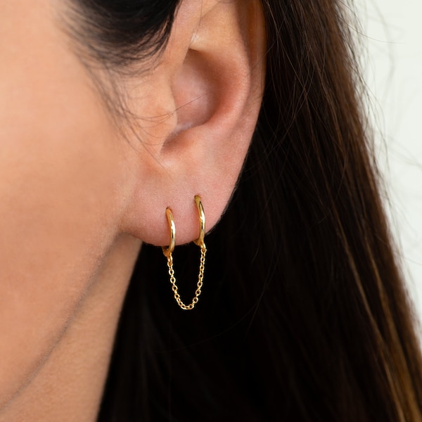 Boucle d'oreille double avec chaîne - Créoles en or - Boucles d'oreilles en chaîne - Boucles d'oreilles Huggie - Double boucle d'oreille piercing - Argent sterling 925