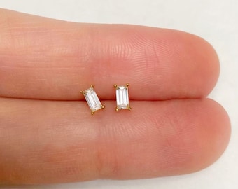 Baguette stud earrings - Dainty baguette diamond earrings - Sterling silver baguette earrings -  Second hole earrings - Minimalist earrings