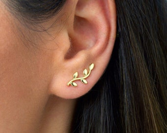 Gold Leaves Ear Climber - Silver leaf ear climber - Dainty ear climber - Gold leaves earrings - Tiny ear climber - Sterling Silver 925