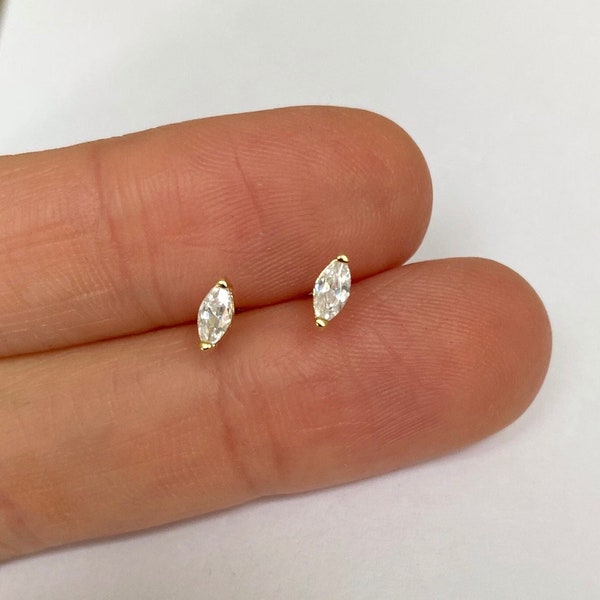 Tiny sparkly marquise cz studs - Dainty gold marquise studs - Sterling silver studs - Tiny diamond studs - Second hole earring - Third hole