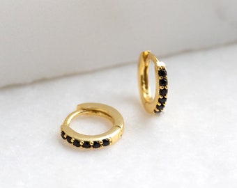 Black CZ huggie hoop earrings - Onyx huggie earrings - Tiny huggies - Small hoop earrings -  Gold hoop earrings - Tiny hoop earrings