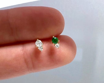 Sterling silver 2 stone studs - Tiny second hole earrings -  Dainty gold earrings - Third hole earrings - Emerald earrings - Emerald studs