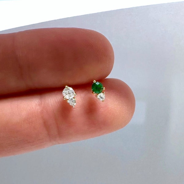 Sterling silver 2 stone studs - Tiny second hole earrings -  Dainty gold earrings - Third hole earrings - Emerald earrings - Emerald studs