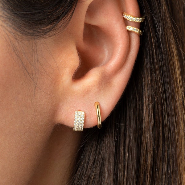 Three row pavé tiny huggie hoops - Thick huggie earrings - Tiny gold hoops  - Mini hoop earrings - Gold hoop earrings - Tiny hoop earrings