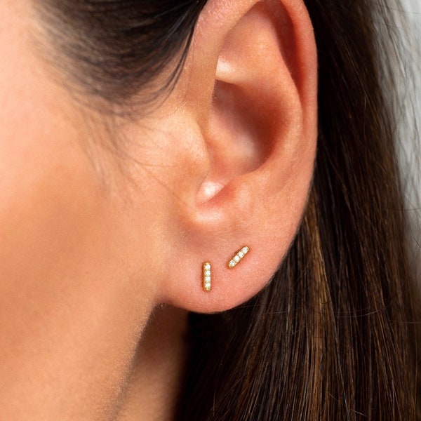 Tiny bar stud earrings - Gold bar studs - Cz studs - Dainty cz bar earrings  - Dainty gold earrings - Silver stud earrings - Dainty earrings