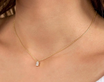Baguette necklace - Solitaire necklace - Gold cz necklace - Dainty necklace - Minimalist necklace - Delicate necklace - Layering necklace