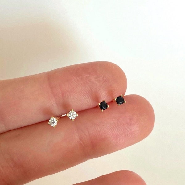 Tiny black stone studs - Tiny cz gold studs - Dainty studs - 925 sterling silver - Dainty cz diamond studs - Tiny gold stud earrings