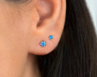 Blue Opal Stud Earrings in Sterling Silver - Blue opal studs - Tiny opal studs - Second hole earrings - Dainty opal earrings