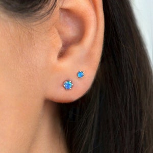 Blue Opal Stud Earrings in Sterling Silver - Blue opal studs - Tiny opal studs - Second hole earrings - Dainty opal earrings