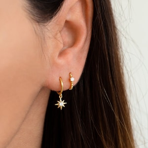 Dainty sterling silver star hoop earrings - Tiny star hoop earrings - Gold star hoops - Star huggie hoop earrings - Dainty star earrings