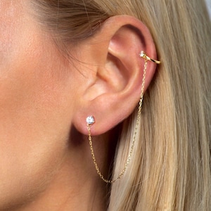 Cz stud connected by chain to a cartilage ear cuff - Ear cuff gold - Gold ear cuff -  Sterling silver 925 chain earrings - Dainty earrings