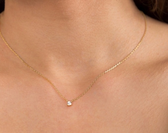 Collar de diamantes solitario de circonio cúbico - Ajuste de punta - Collar de plata de ley 925 - Collar delicado de oro - Collar minimalista